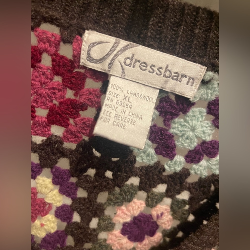 VTG Crochet DRESSBARN Floral Patchwork XL 100%Lambswool Cardigan Grandmacore - Picture 4 of 10